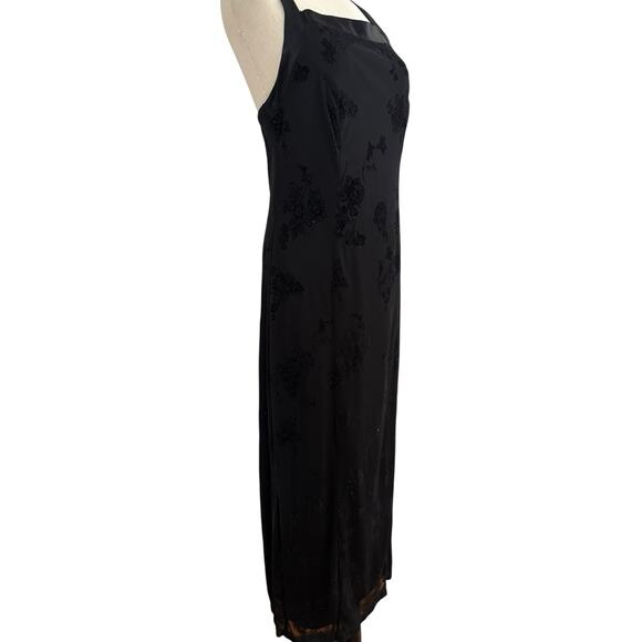 Vtg 90s CDC Black Flocked‎ Velvet Dress Floral Glitter Gown Crisscross 8 Goth - Picture 3 of 7